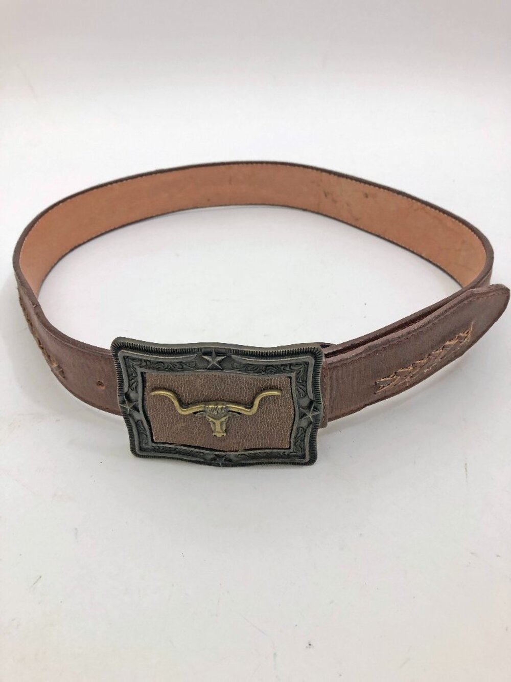 Western leather Belt Size 34 Longhorn Buckle Redish Brown w/Braided Accents